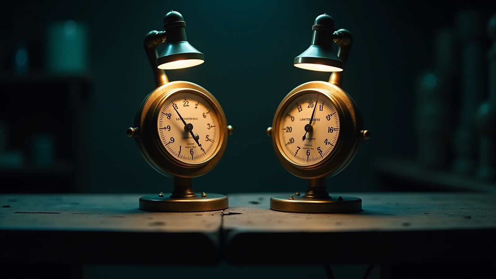 A dark desk where two lit measuring dials sit side by side, and the gap of bench between them stays unlit and unlabelled.