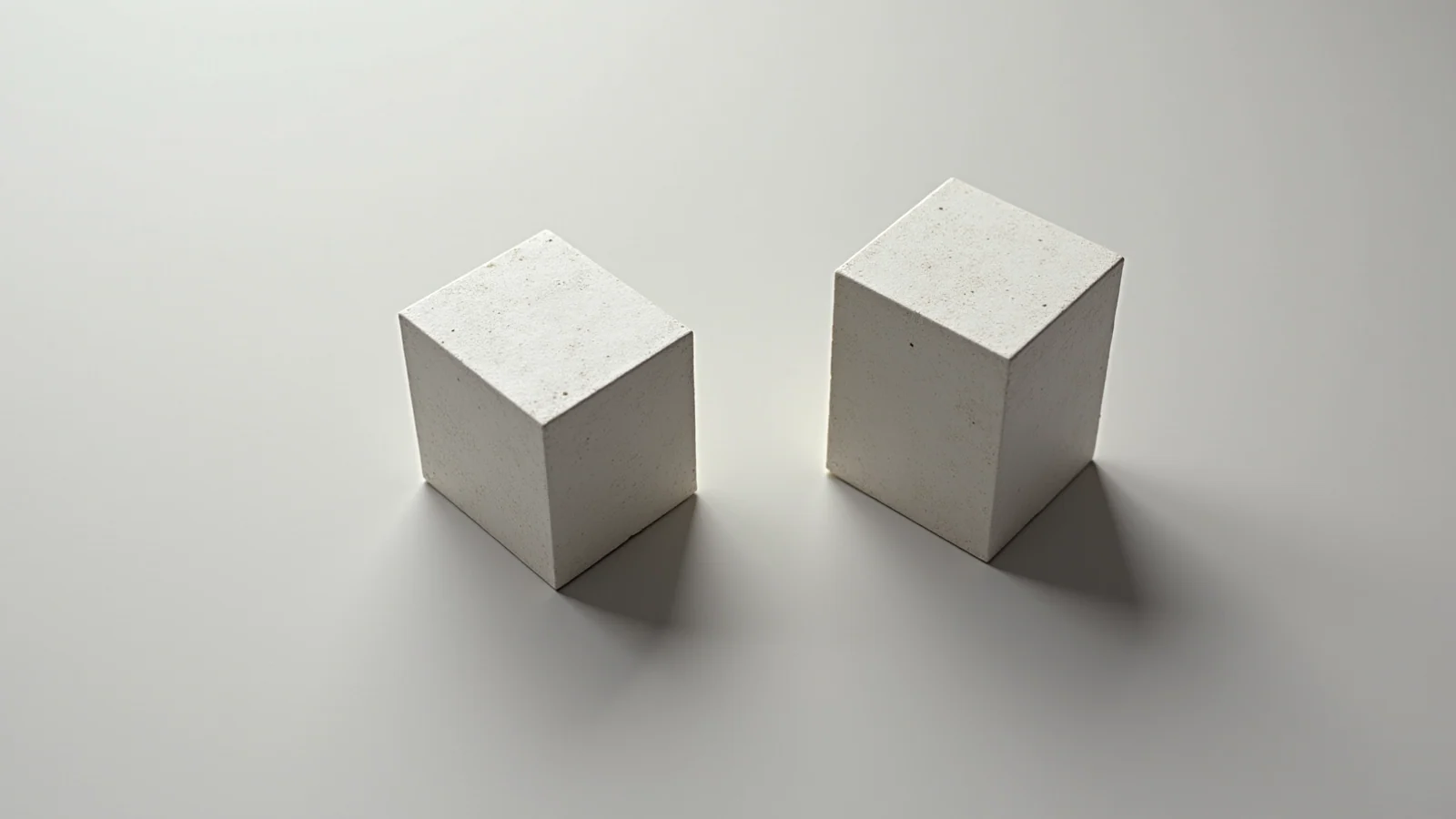 Two plain pale stone blocks of slightly different height standing side by side on a smooth matte surface, lit softly from above, with empty space beside them.