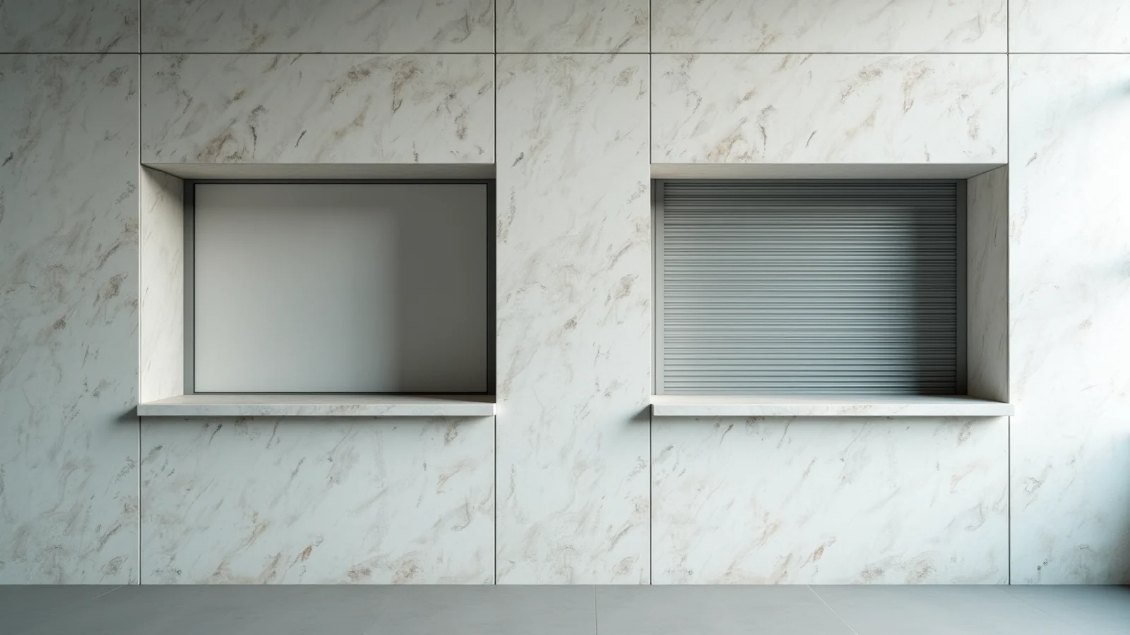 Two recessed service windows side by side in a pale stone wall, the left one open onto darkness and the right one closed behind a metal roller shutter.