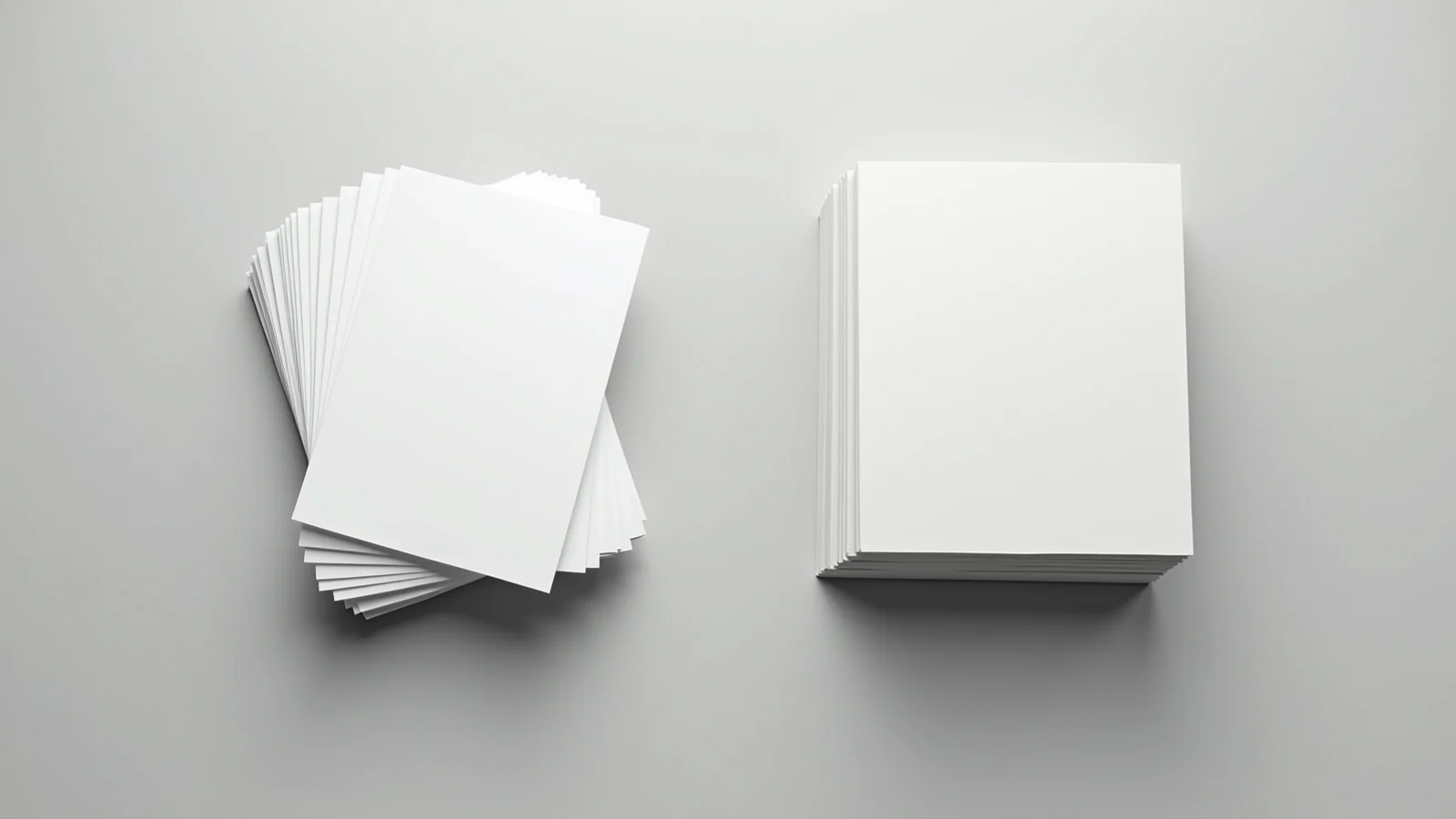 An overhead view of two identical stacks of blank paper on a plain pale surface — the left one splayed so every individual sheet edge is separate and countable, the right one compressed into a single solid block with no separations visible.