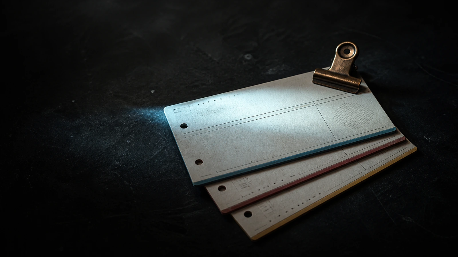 Three worn index cards with differently colored edges held in one stack by a brass clip on a dark archive table.