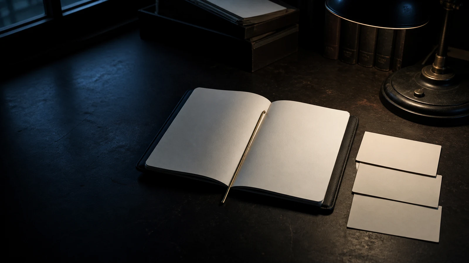 An open black notebook with a brass bookmark and three blank index cards layered on a dark archive desk.