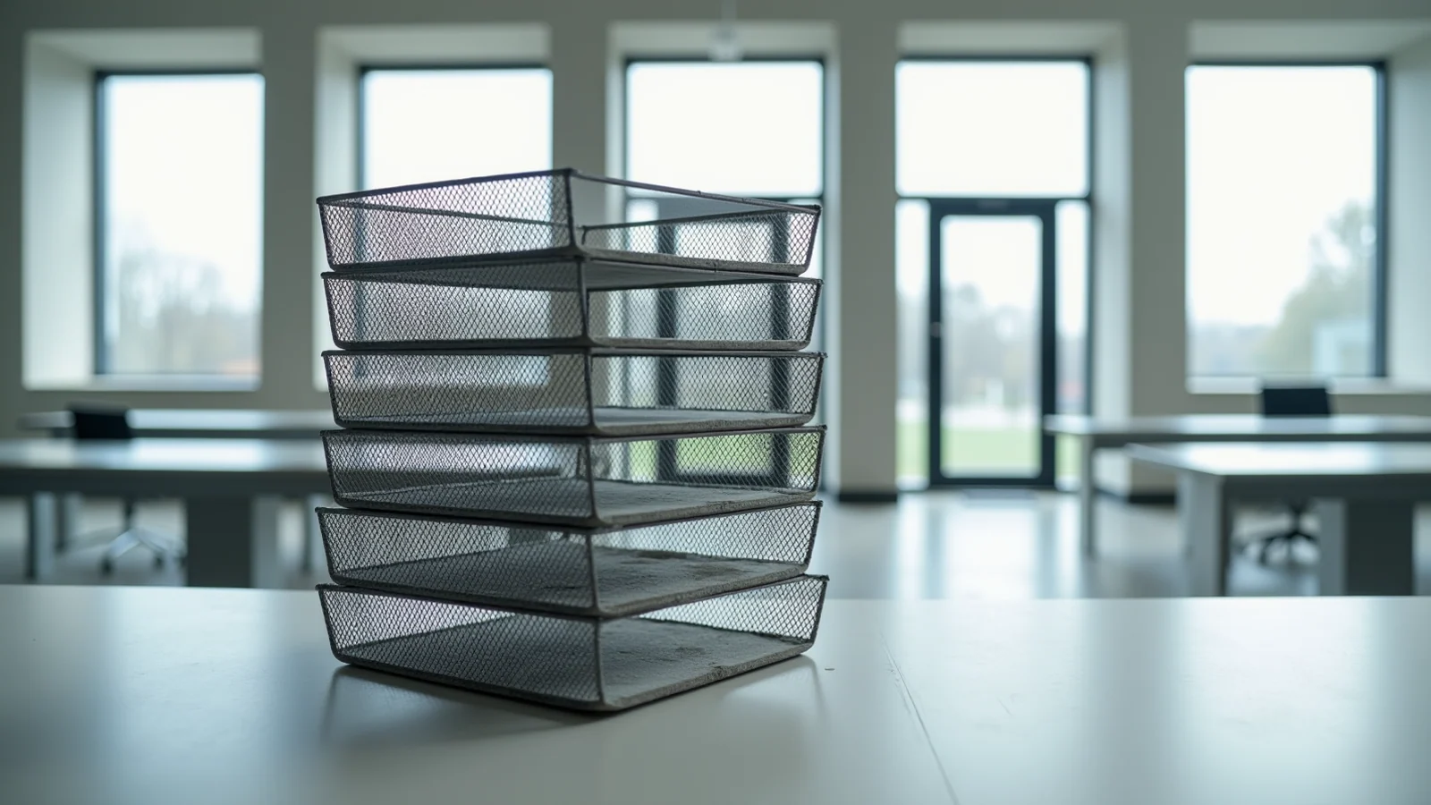 A stack of six empty wire mesh office in-trays on a bare white counter, dust settled visibly across the lower trays, in an empty institutional room lit by tall windows under flat overcast daylight.