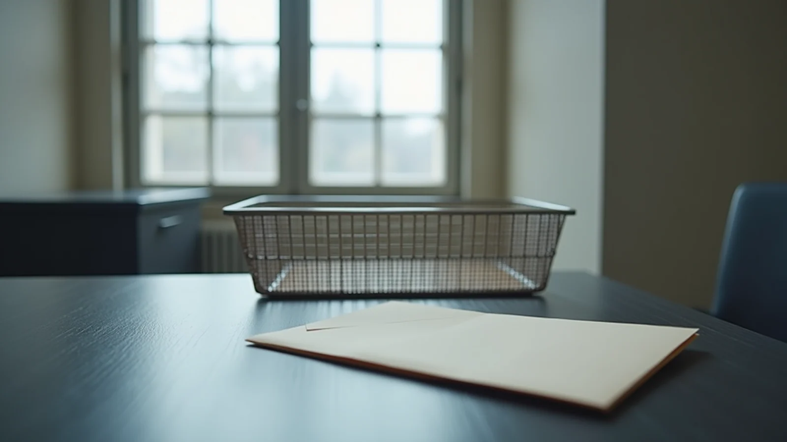 A single pale unmarked envelope lying face-down on a dark table in front of an empty wire mesh office tray, in a quiet room lit by flat overcast daylight through a tall window behind them.