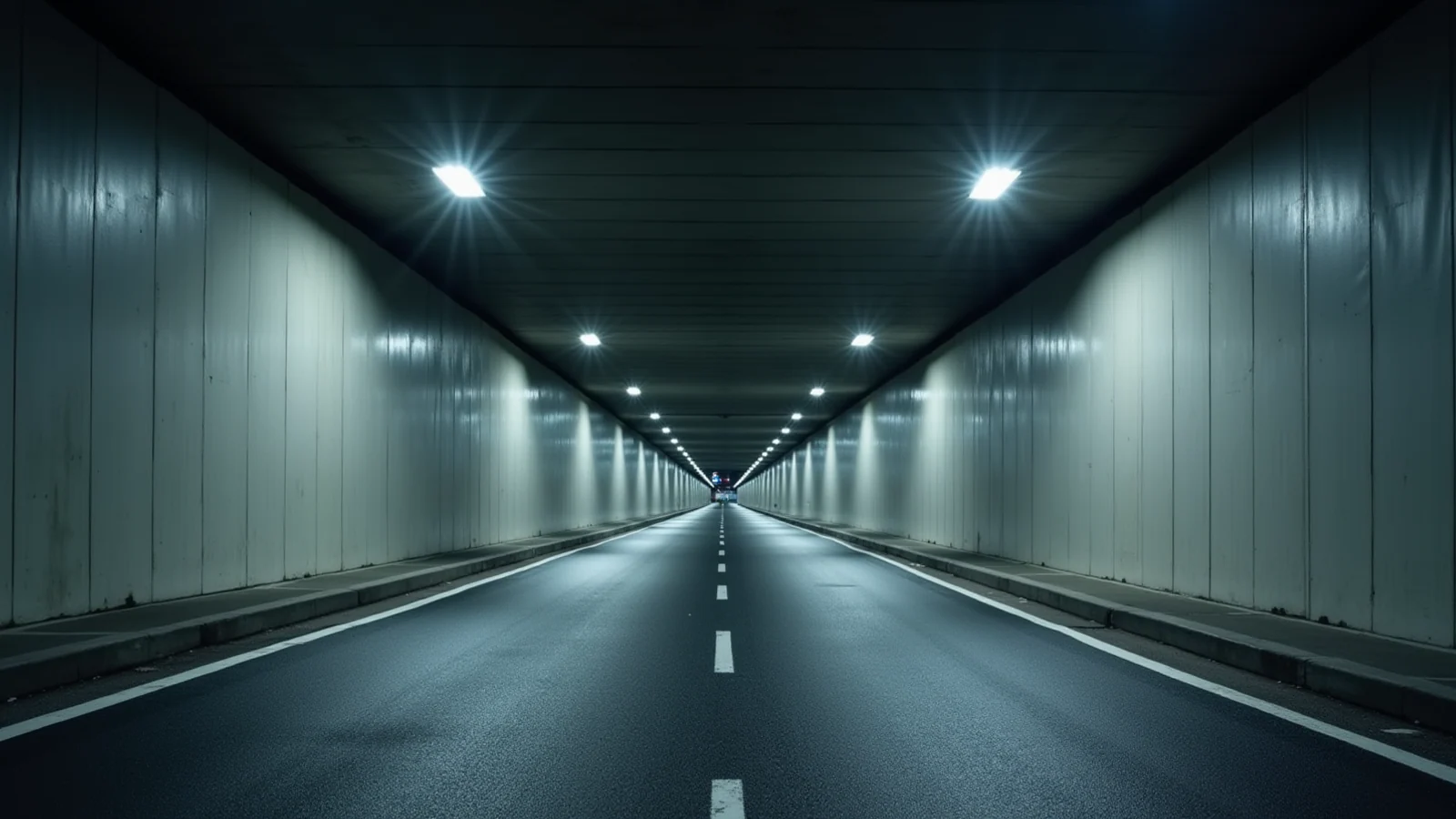 An empty road tunnel lit by a receding row of ceiling lamps, its lanes marked and completely clear of traffic.