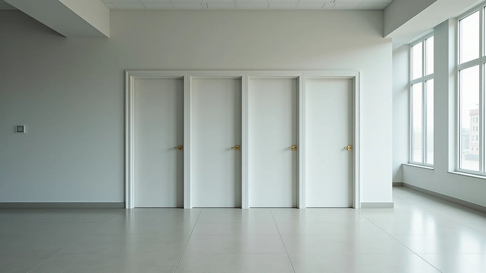 A row of four identical pale doors set into one long bare wall of an empty institutional corridor, lit by flat overcast daylight, with no signs, numbers or markings of any kind.