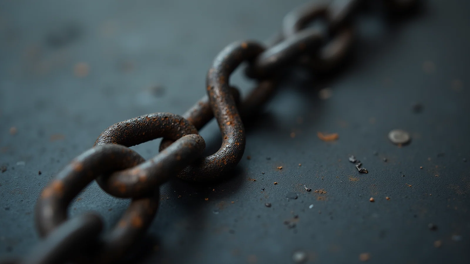 A close view of a heavy weathered chain lying on a dark grey surface, its end link open and unclosed.