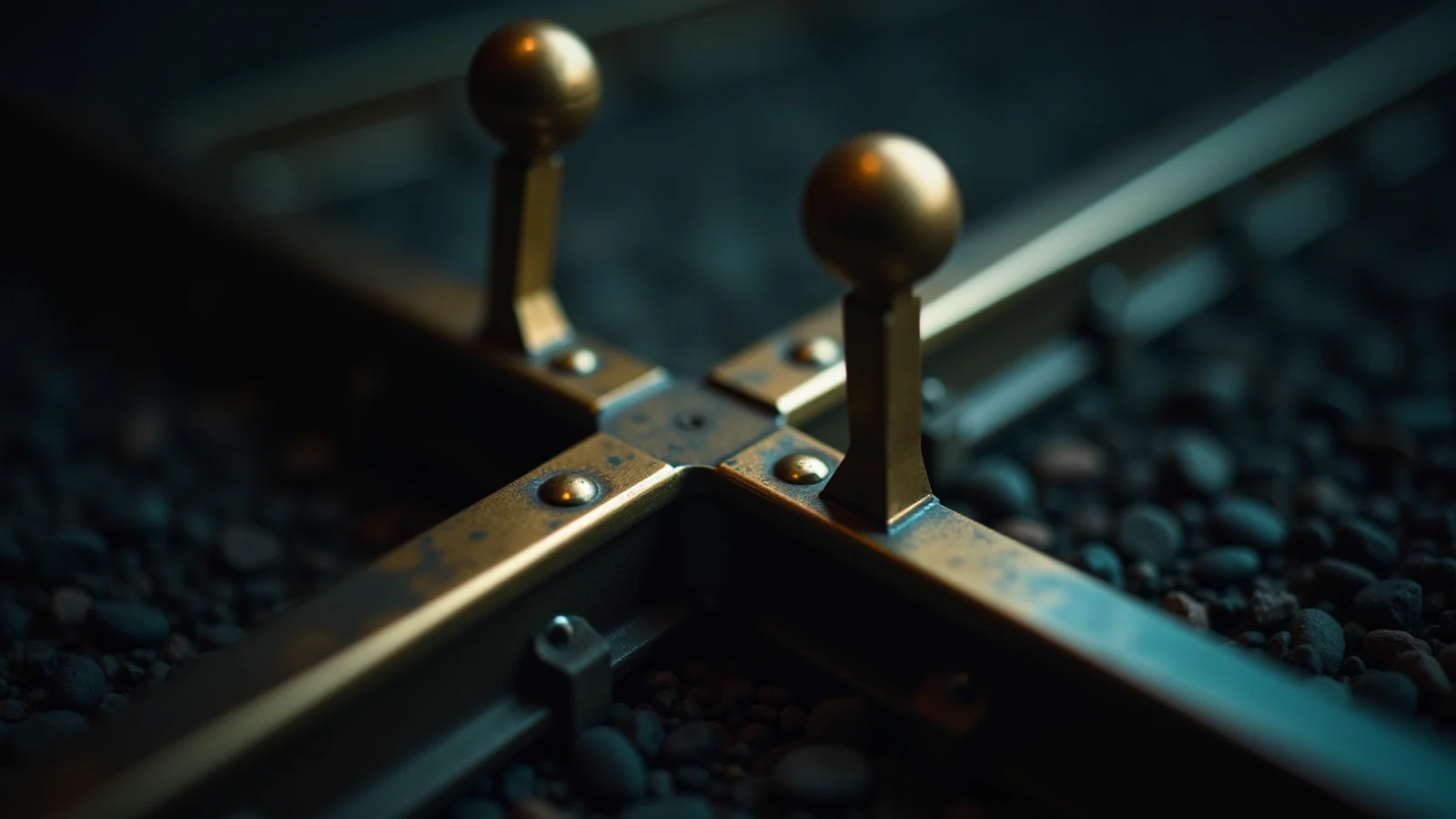A close macro photograph of a brass railway point on dark ballast, where the rail divides at a junction and the two resulting rails run away in different directions into shadow, with a pair of ball-topped brass switch levers standing at the split.