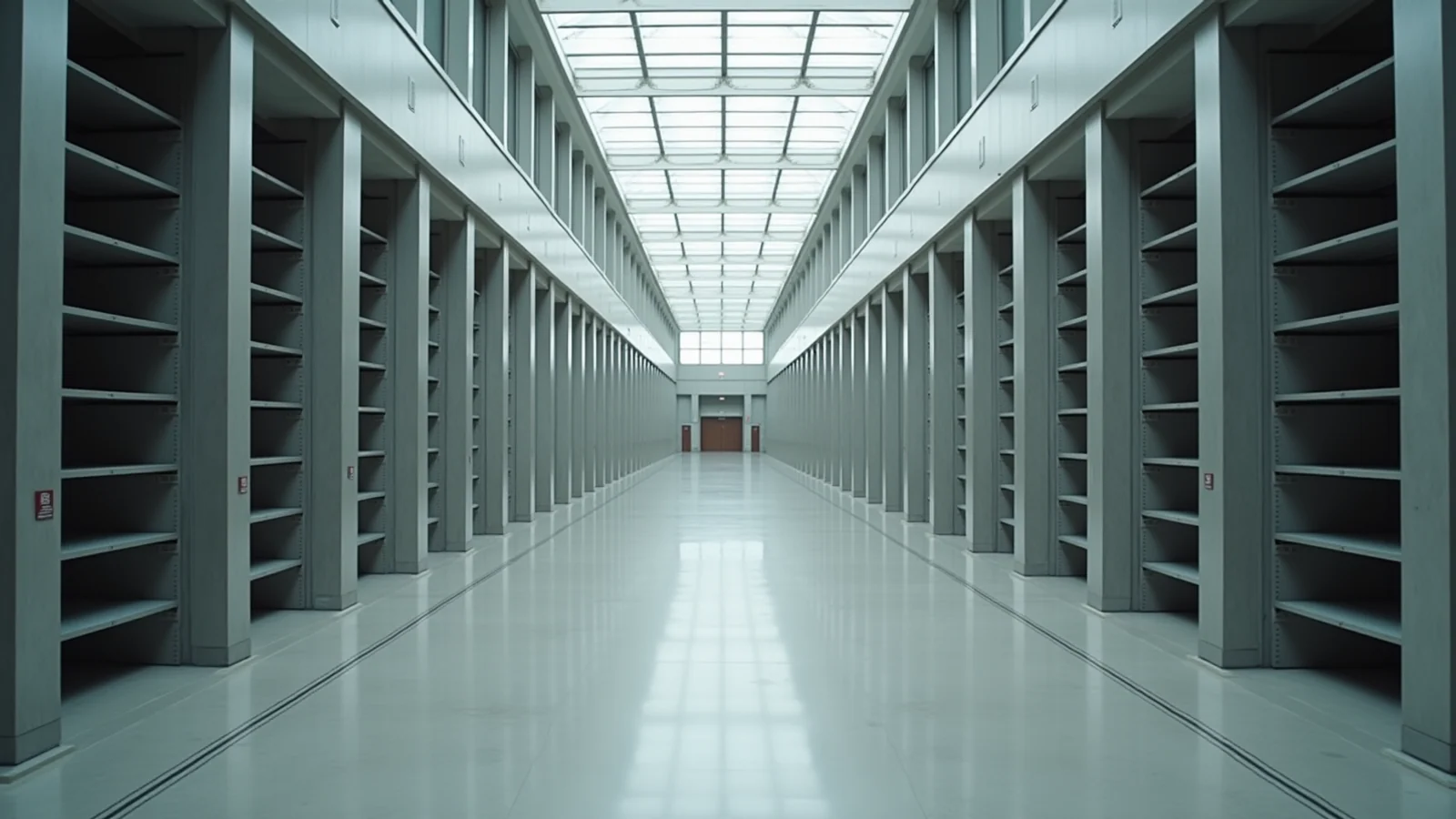 A vast public records hall in flat daylight, rows of tall shelving receding to a far door, every shelf completely empty and the hall deserted.
