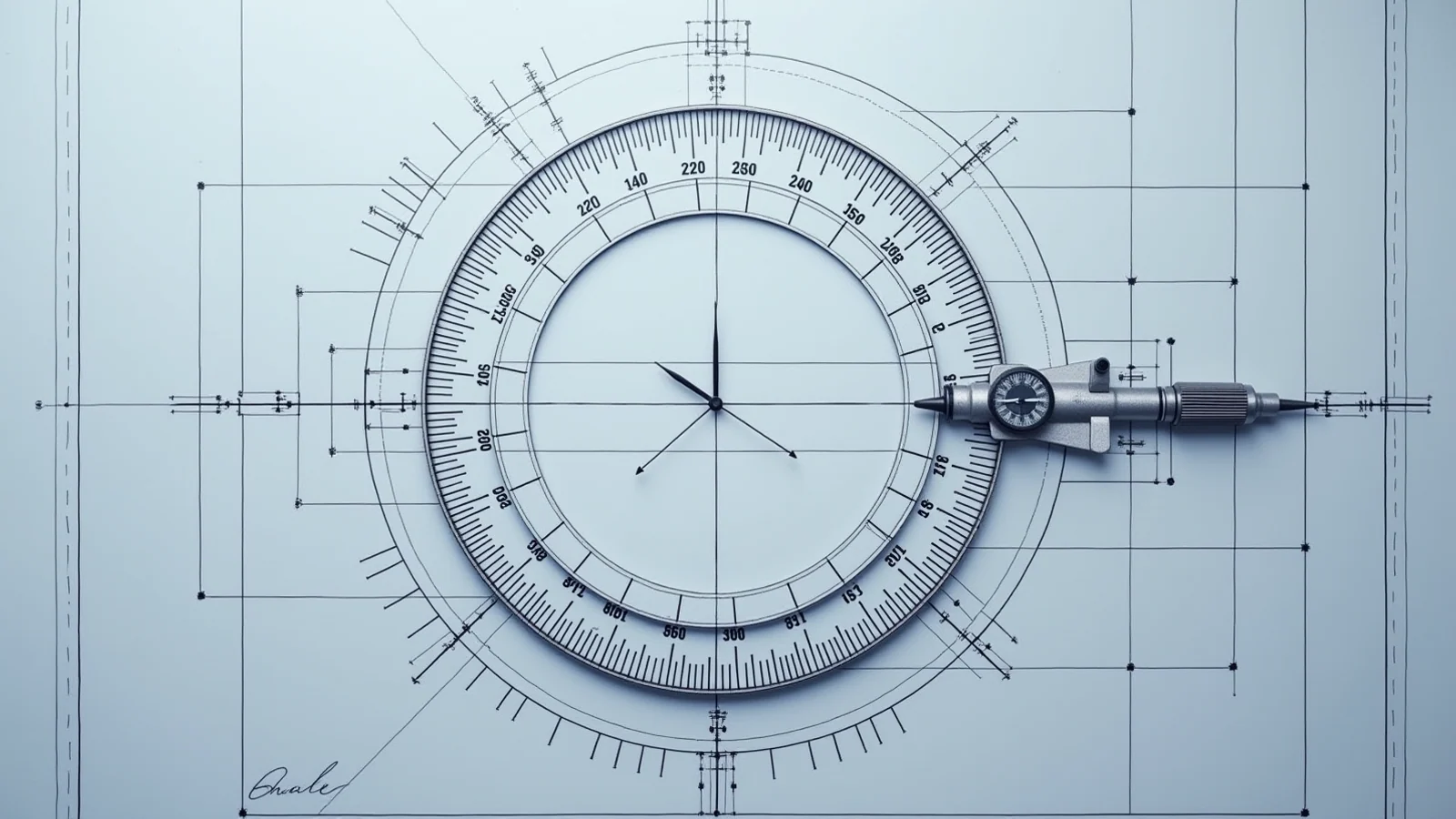 A draughtsman's blueprint of a measuring gauge on pale blue paper, its outer dial finely graduated while the inner face is left blank, the needle resting against unmarked white.