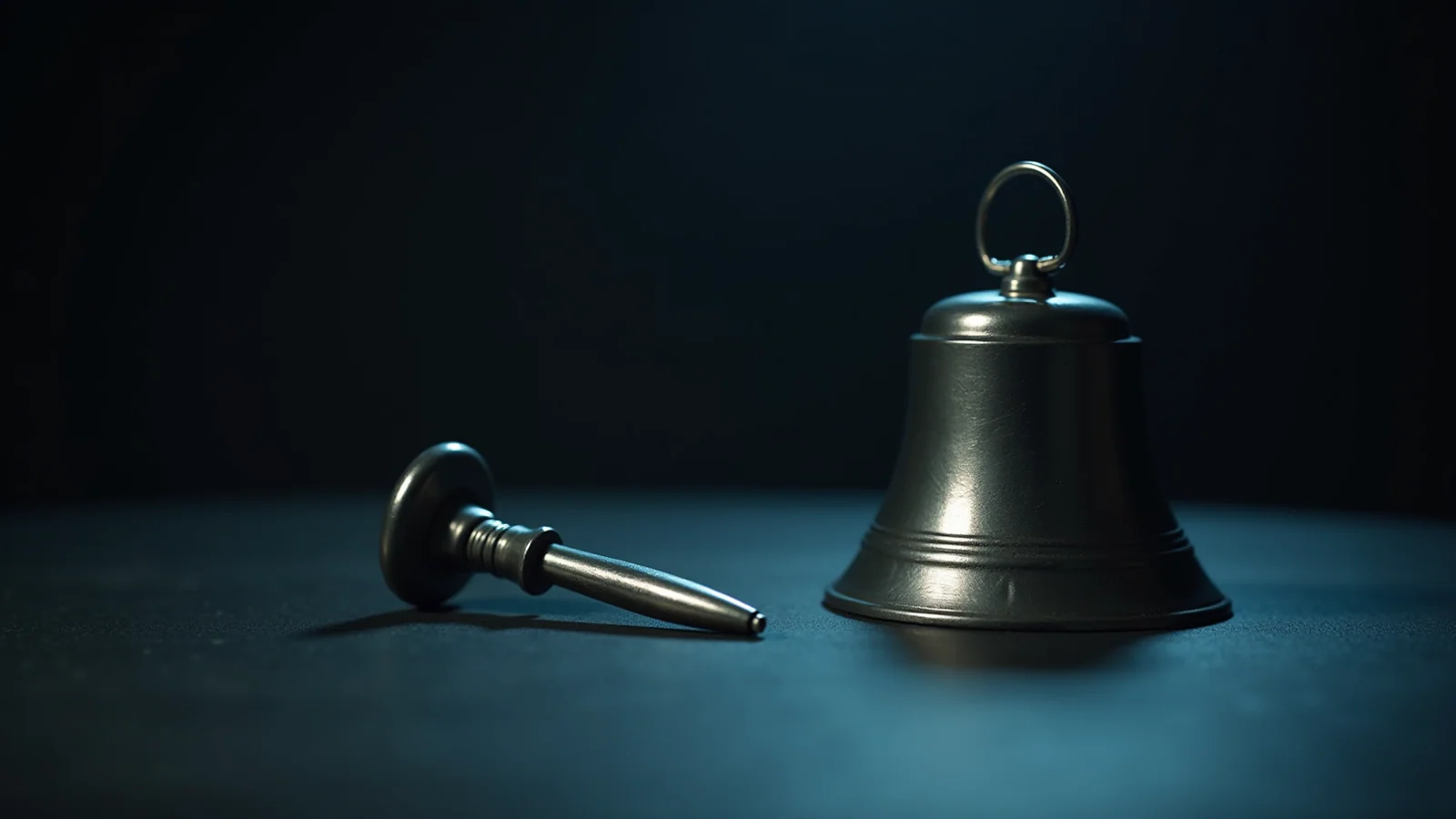 A close photograph of a plain steel hand bell standing upright on a dark surface, with its detached clapper lying separately on the surface beside it, lit by one cool raking light.