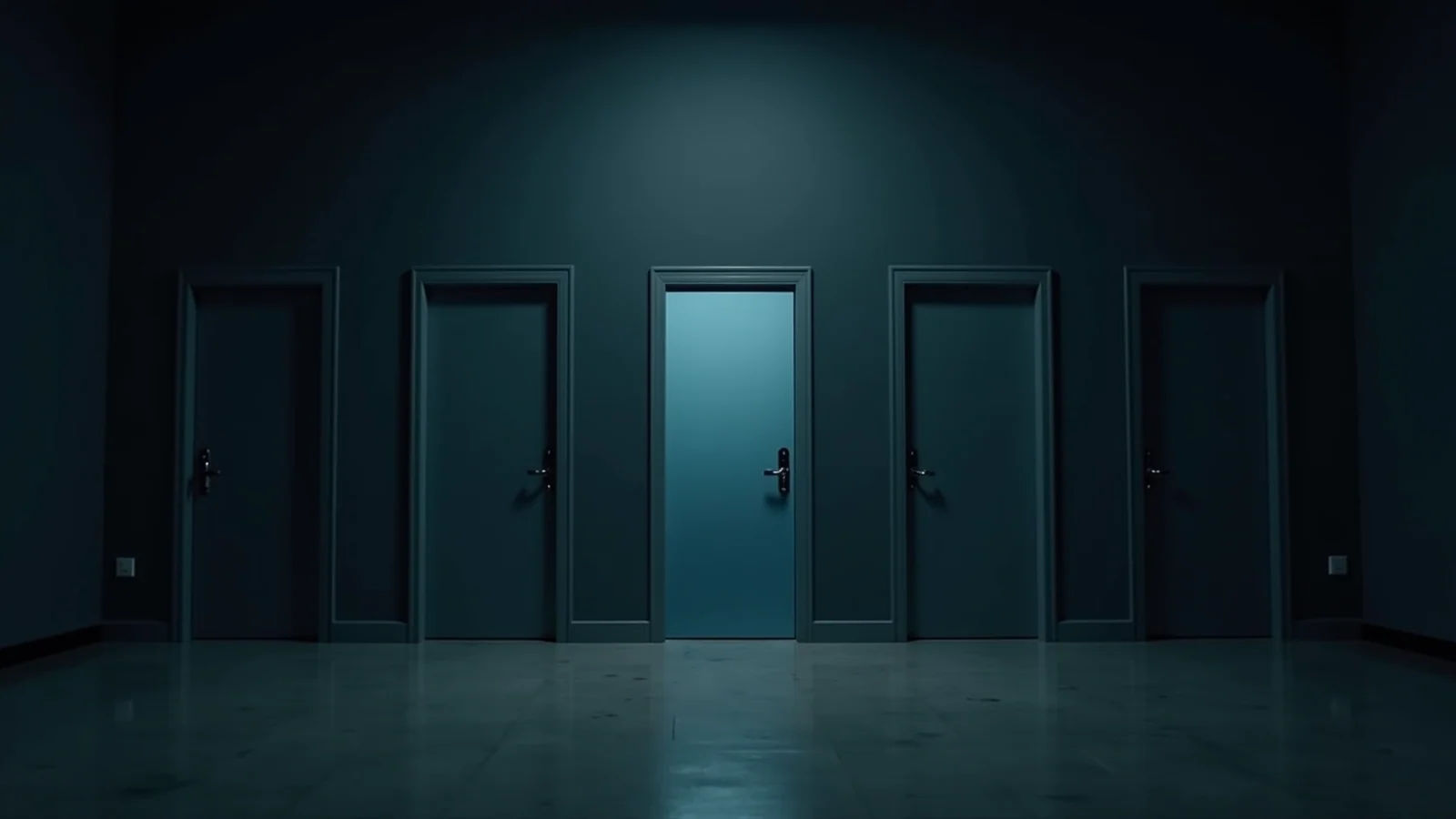A row of closed doors with one picked out by cold light, a symbolic illustration of a limited route out of a contract.