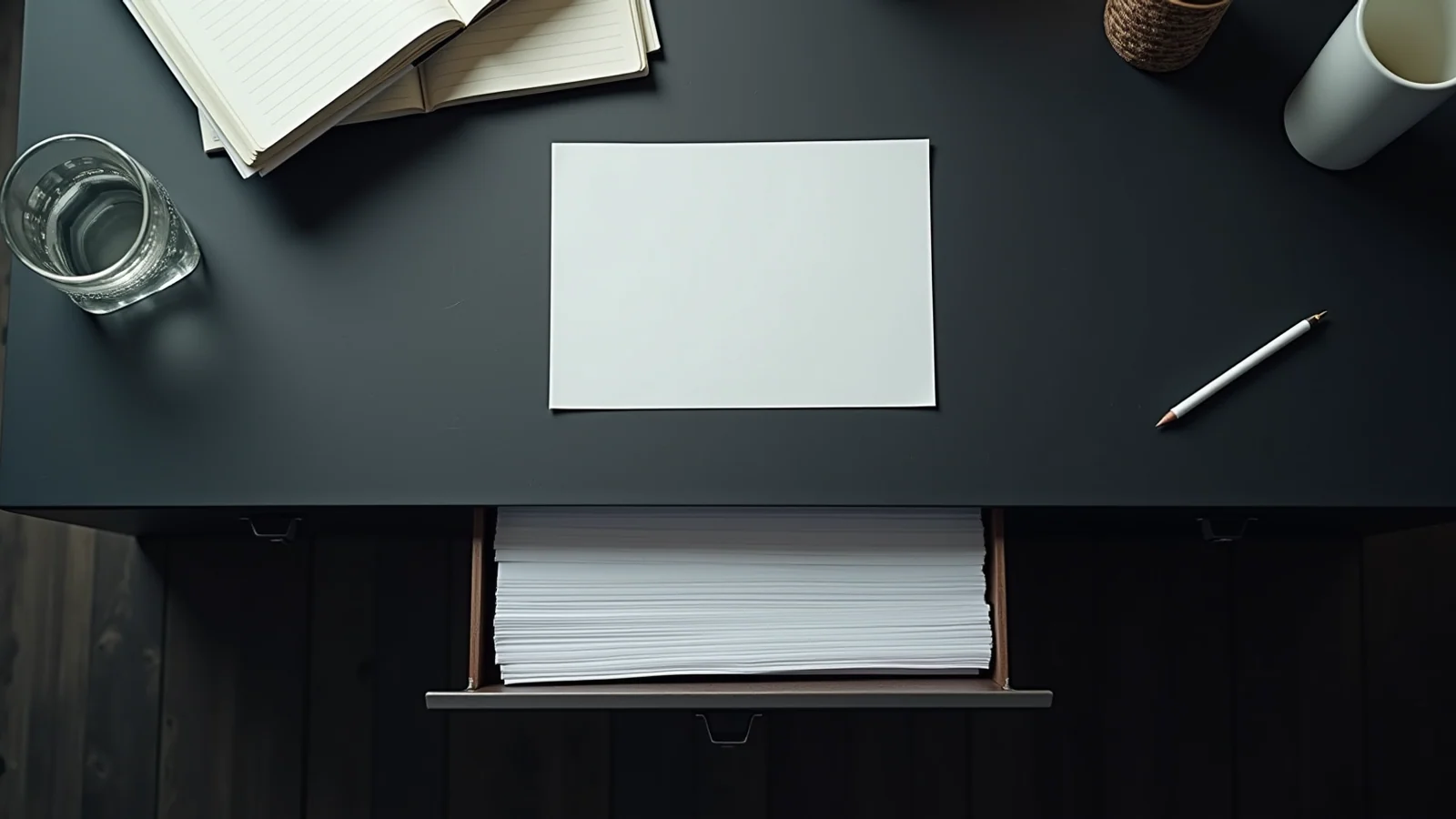 A blank sheet lies on a desk while a drawer underneath holds a stack of papers.