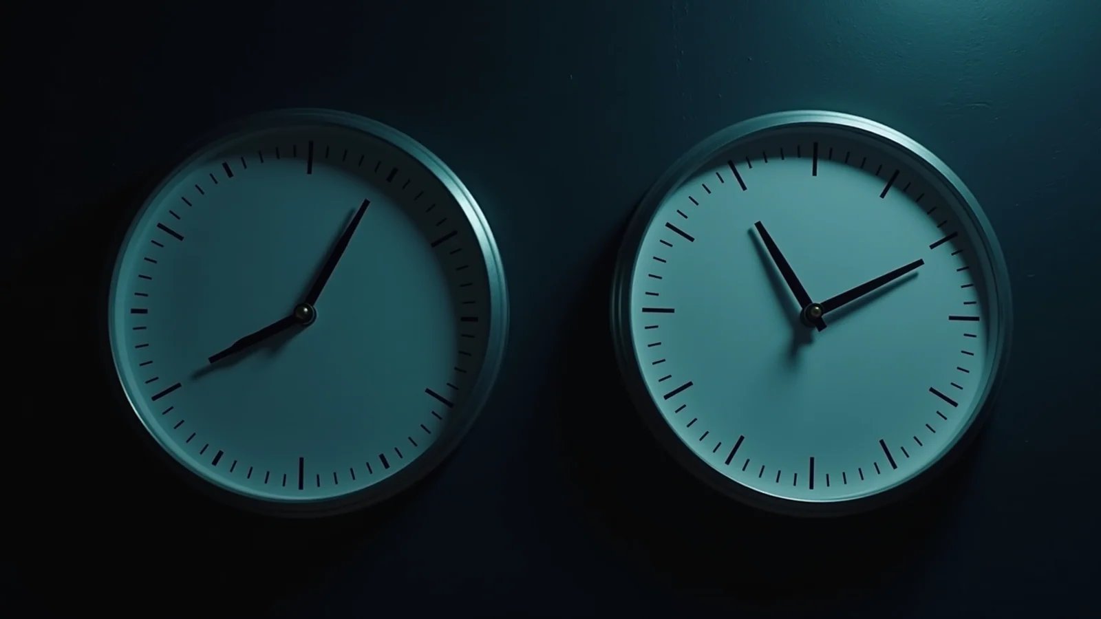 Two plain wall clocks side by side on a dark wall in cold blue light, their hands at different times and their faces carrying no numerals.