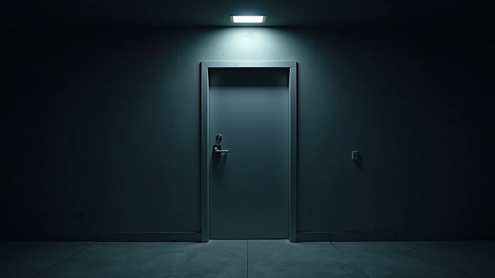 A single flush metal door closed tight in a dark bare concrete wall under one cold overhead light, with no sign, plate or indicator anywhere on or beside it.