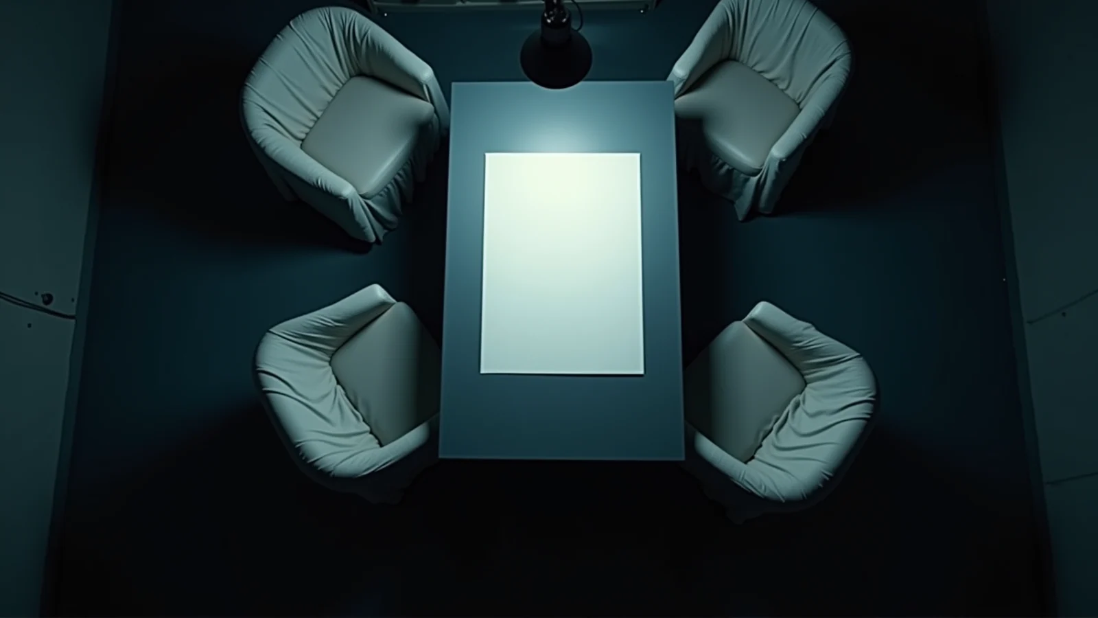 Seen from directly above a dark room, one blank sheet of paper lies lit and undisturbed at the centre of a bare table, with four armchairs shrouded in pale dust sheets drawn up around it.