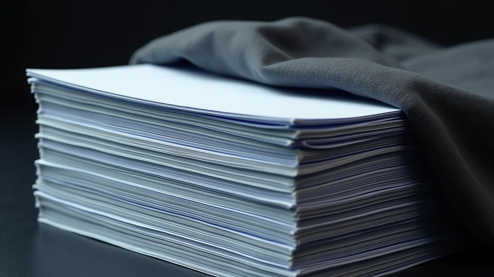A thick stack of blank pale documents on a dark surface with a heavy dark cloth drawn halfway back off them, the uncovered papers brightly lit and the covered end still in shadow.