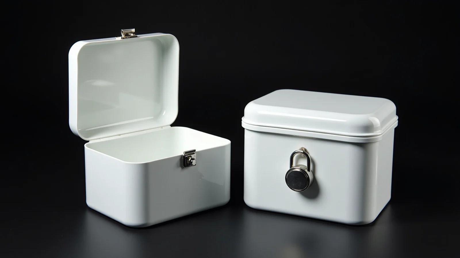 Two white storage boxes on a dark surface, one open and one closed with a padlock.