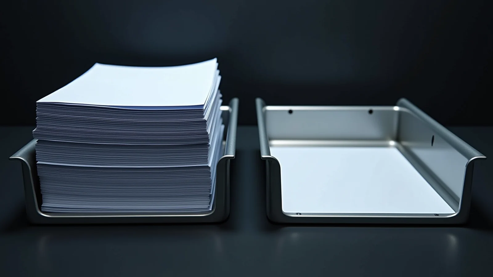 Two shallow metal document trays side by side on a dark surface, the left one heaped high with a thick untidy stack of blank pale paper, the right one completely bare and empty.