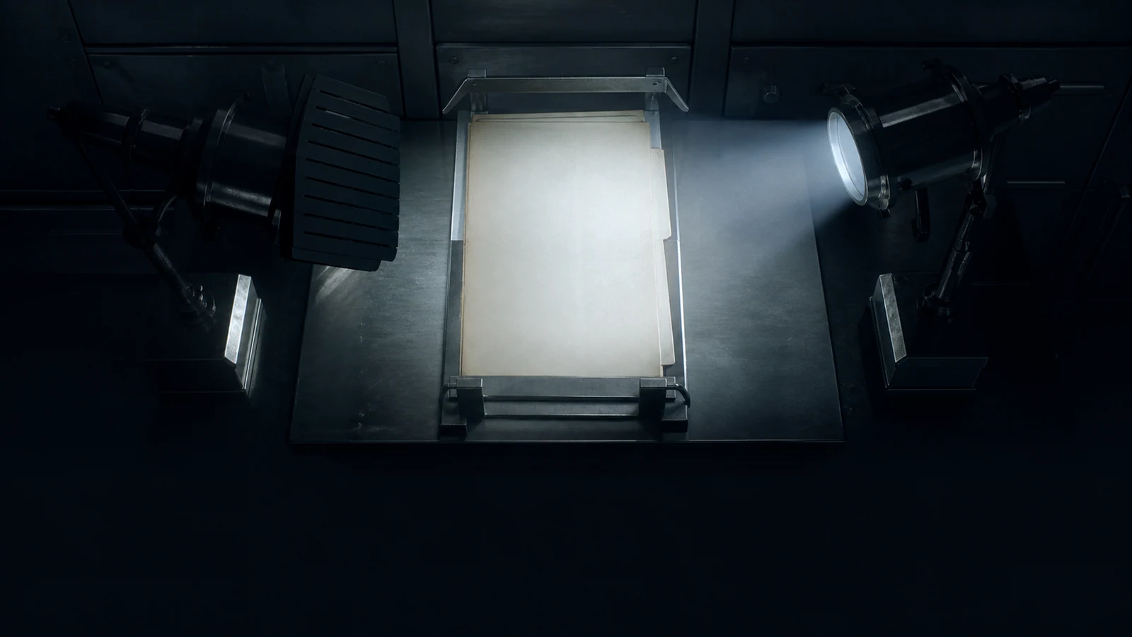 A pale dossier clamped to a dark steel examination table beneath two industrial lamps; a slatted shutter blocks the lamp on the left while a cold beam from the lamp on the right reaches the pages.