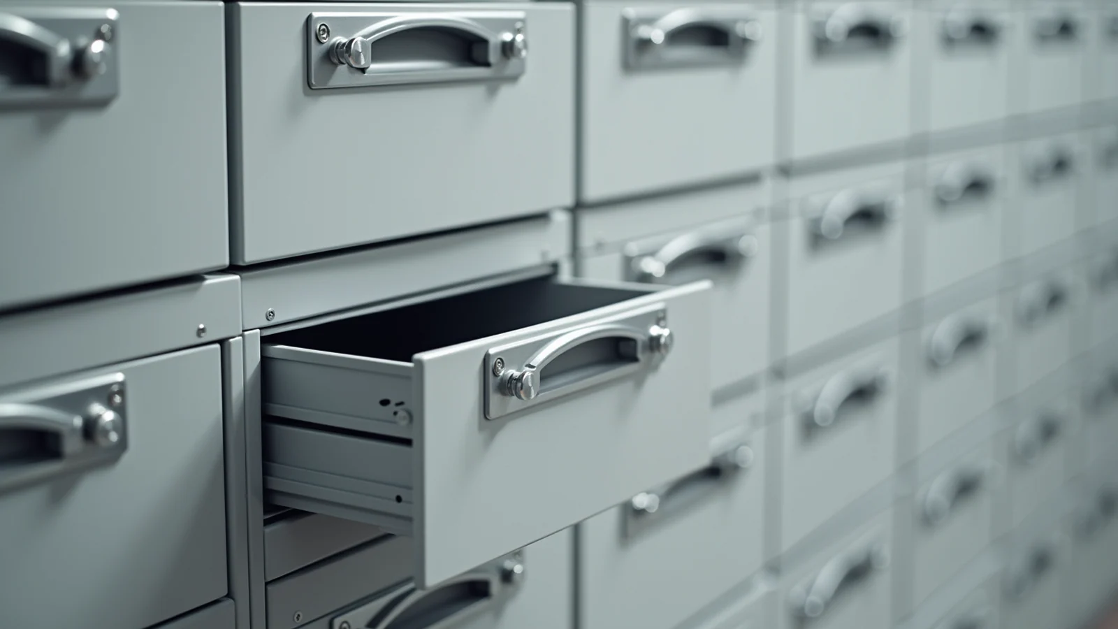A bank of identical grey steel archive filing drawers seen close and square on, every drawer shut except one near the middle pulled fully open and completely empty, bare metal inside.