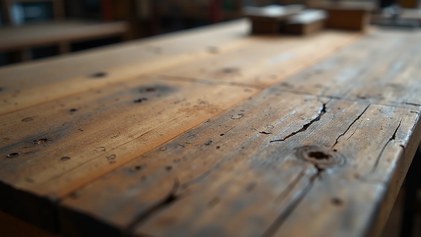 Close macro of a bare worn wooden workbench in soft daylight, its surface scarred and empty, with the rest of the workshop falling out of focus behind it.