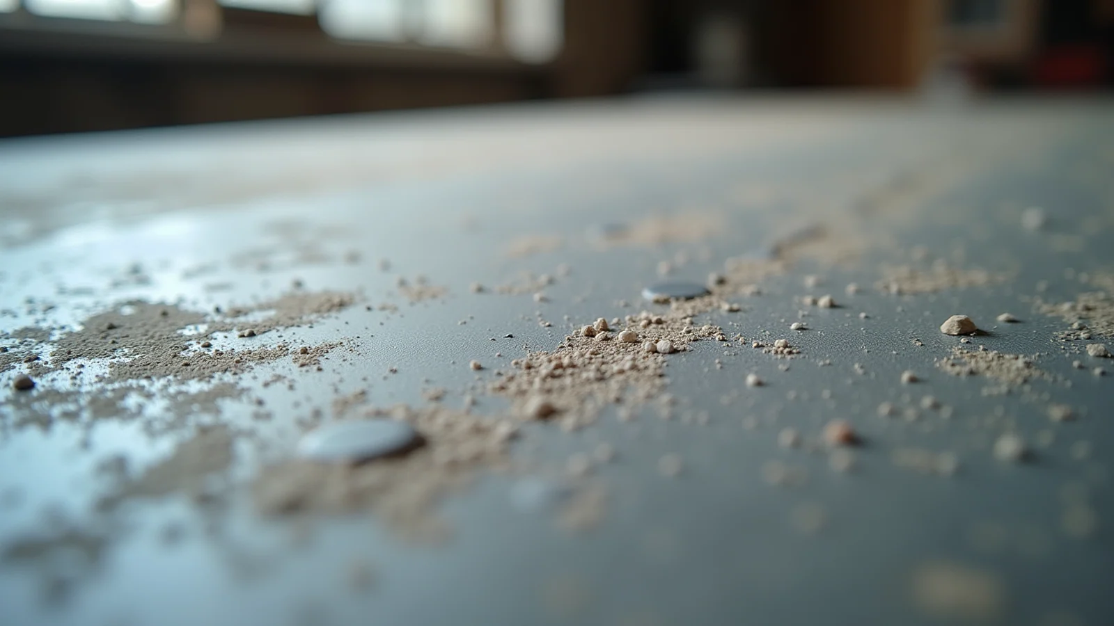 Close macro of a bare worn concrete workbench in soft daylight, its surface scarred and empty, with the rest of the workshop falling out of focus behind it.