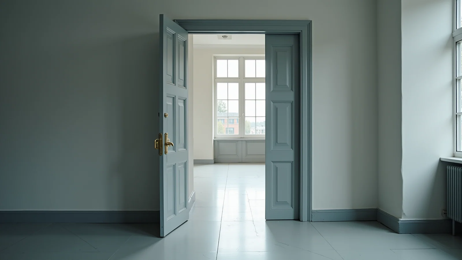 A pale panelled double door standing wide open between two plain rooms, bright daylight from a tall window in the room beyond falling across the empty floor.