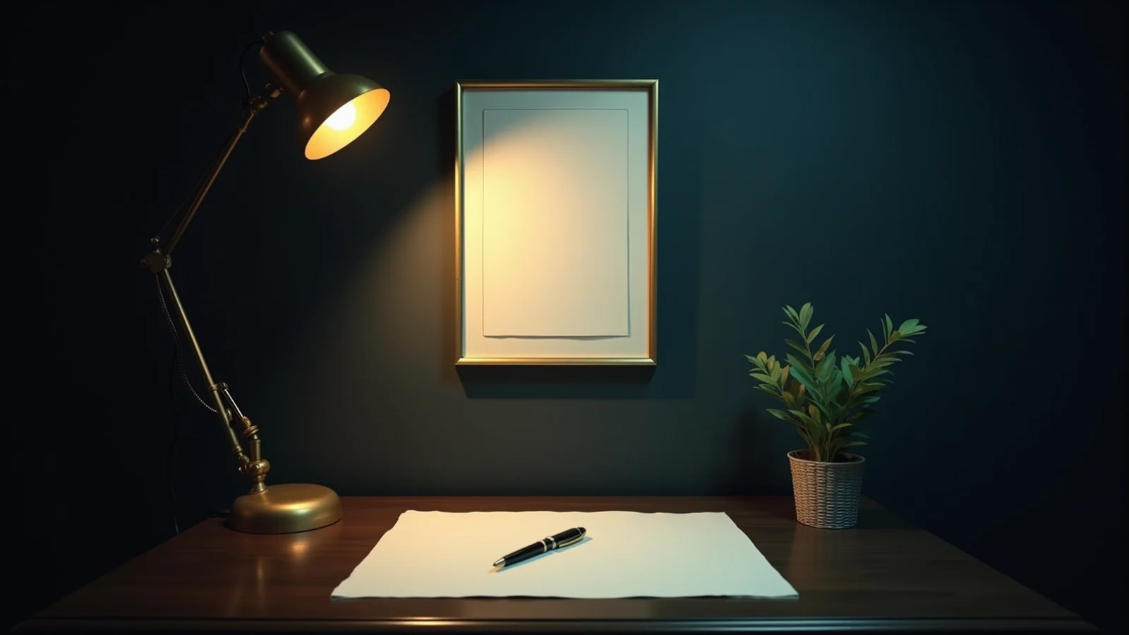 A blank sheet of paper sealed in a gilt frame under glass on a dark teal wall, lit by a brass desk lamp, and on the desk below it a second unframed blank sheet with a fountain pen lying across it.