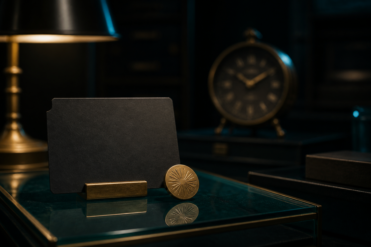 A charcoal archive card and a brass token on a deep teal glass desk, with a clock blurred in the background.