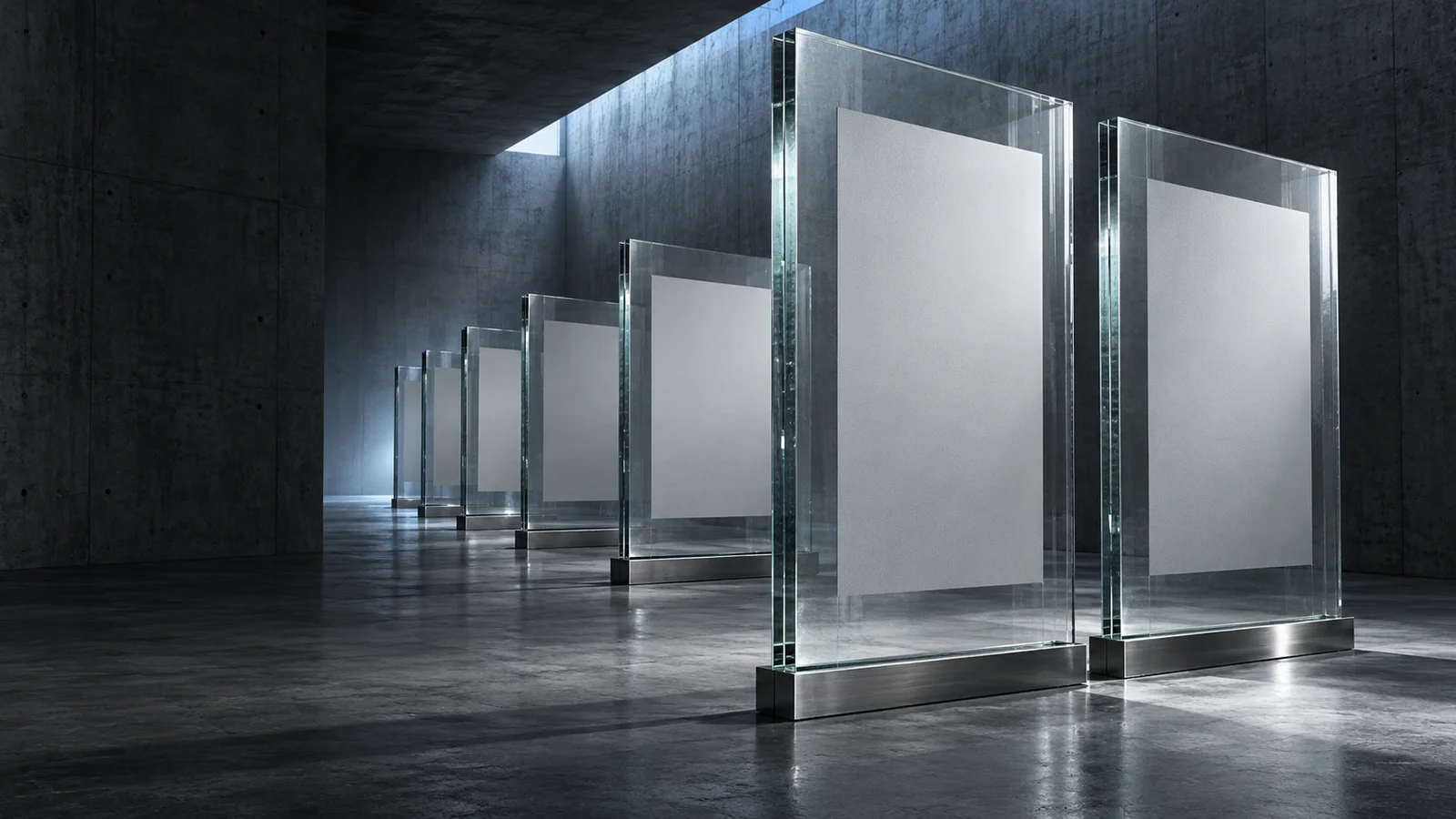 Tall clear glass slabs holding blank pale sheets stand in parallel steel floor rails inside a dark concrete room, receding beneath cool skylight.