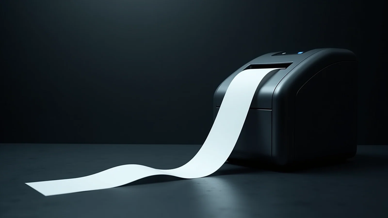 A long blank receipt roll feeding out of a dark slate machine and across the floor.