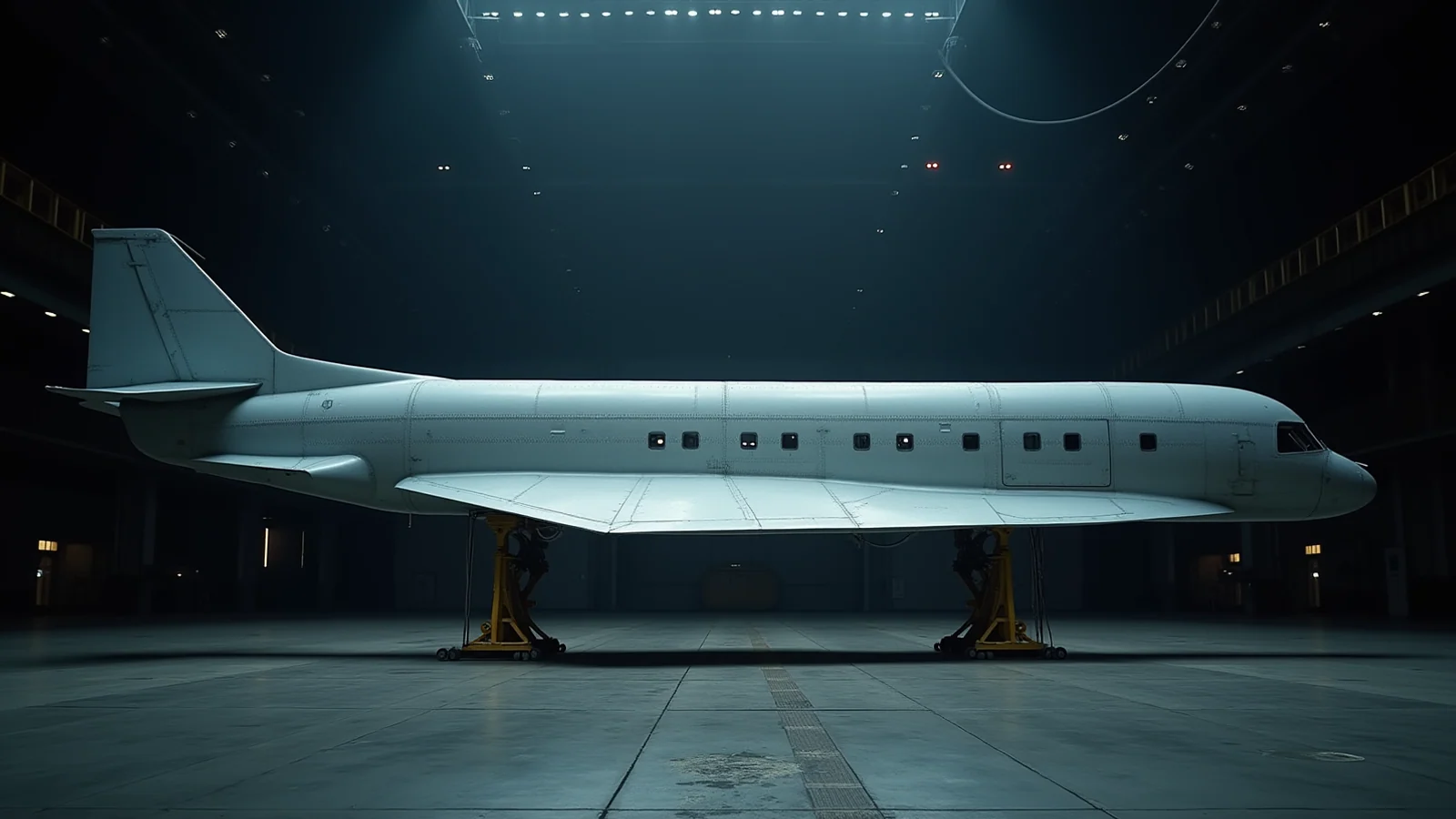 An unmarked airliner on inspection stands in a dark, empty hangar under cold overhead light.