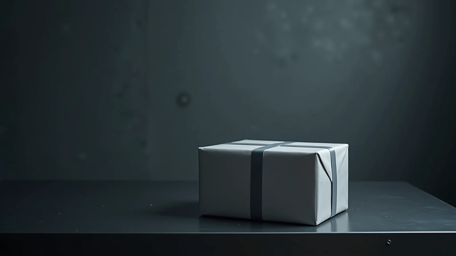 One plain parcel wrapped in grey paper and grey tape, resting alone on a bare dark steel bench against a slate wall.