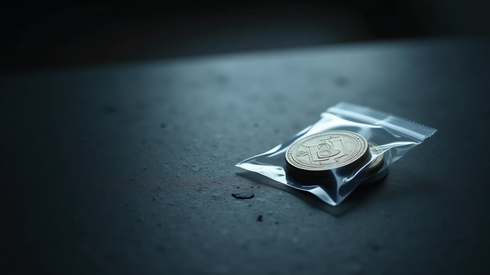 One coin sealed in a clear plastic evidence bag lying on a dark slate bench.
