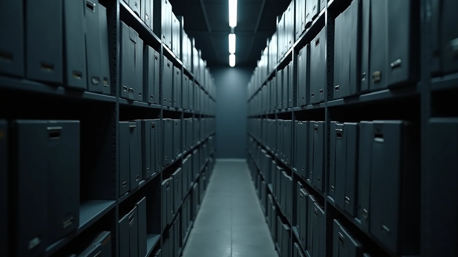 A long dark archive aisle of identical grey record boxes on steel shelving, receding under a line of cold ceiling lights.