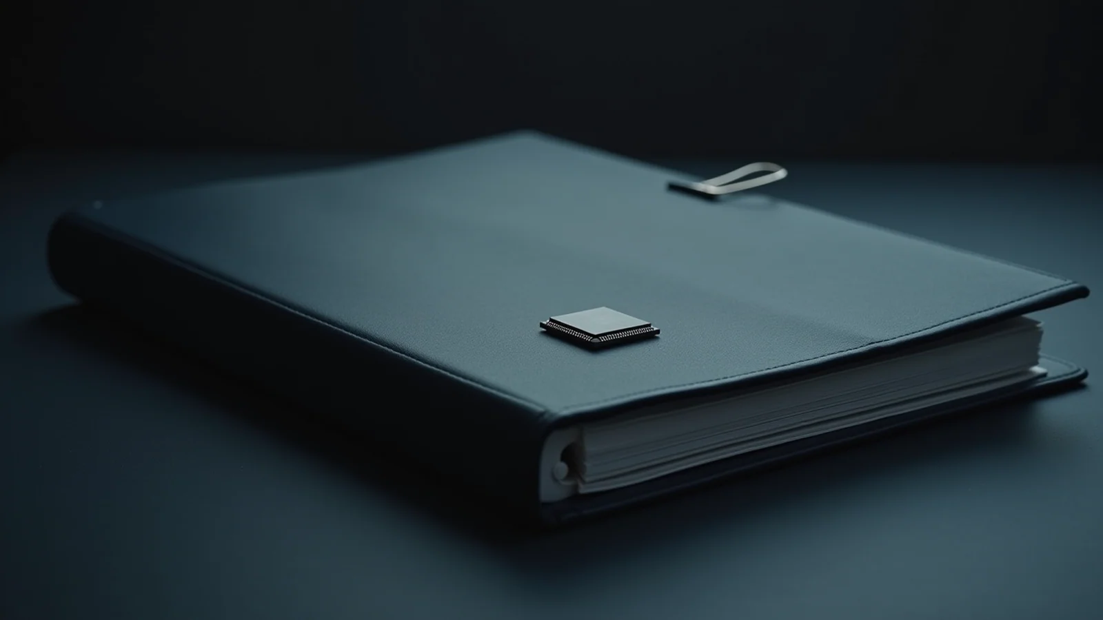 A thick closed dark contract binder held by a steel clip, a small computer chip resting on its cover.
