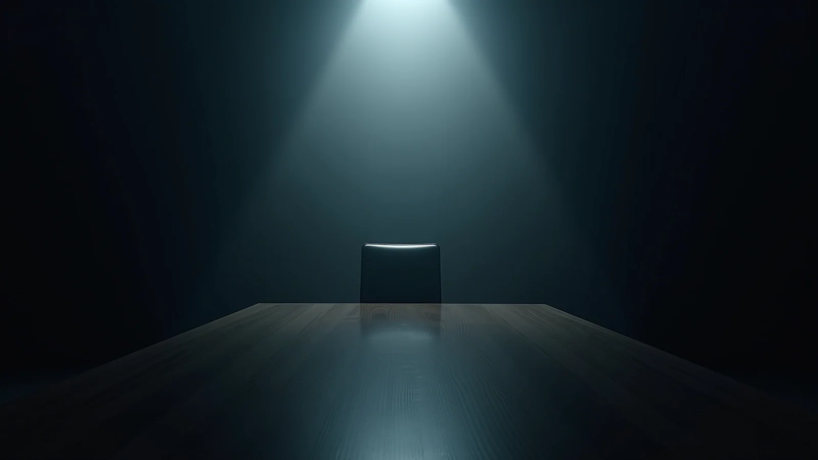 A single empty chair at the end of a long polished hearing table, lit from above in a dark room.