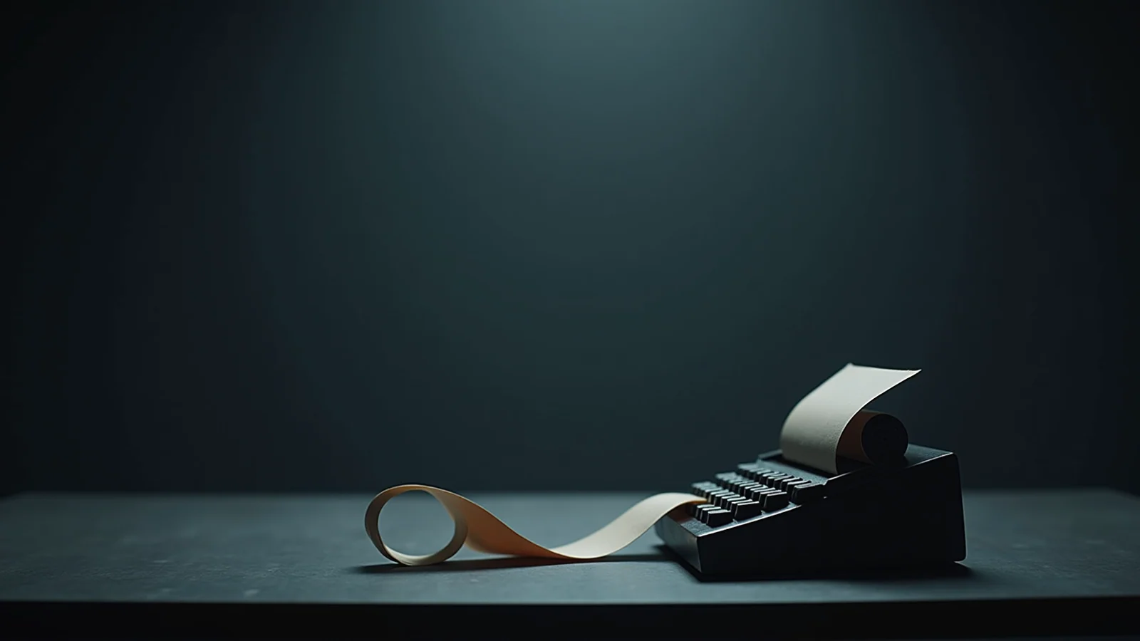 A dark adding machine on a desk with a long curl of blank paper tape spilling off the edge.