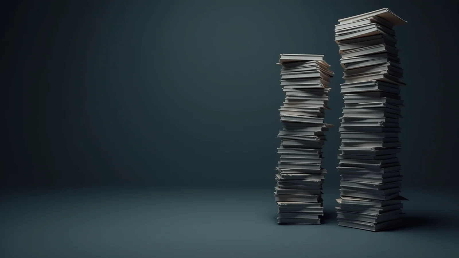 Two tall leaning towers of pale file folders standing on a dark floor in an empty room.