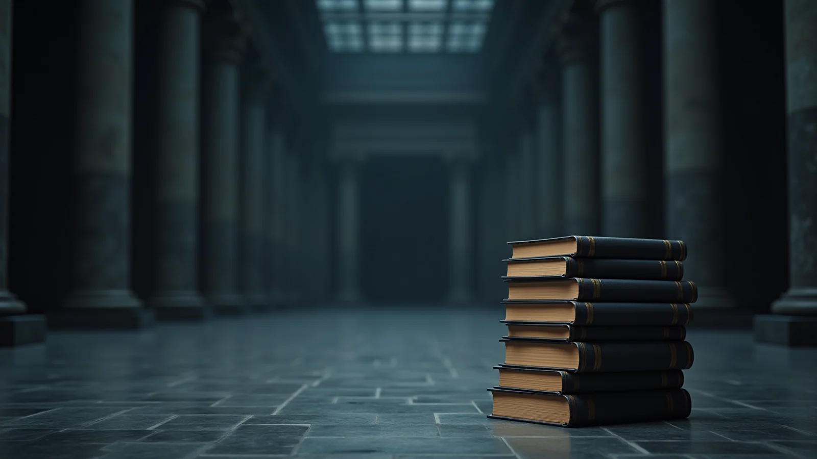 A single stack of bound ledgers standing on a polished stone floor in a vast, empty columned hall.