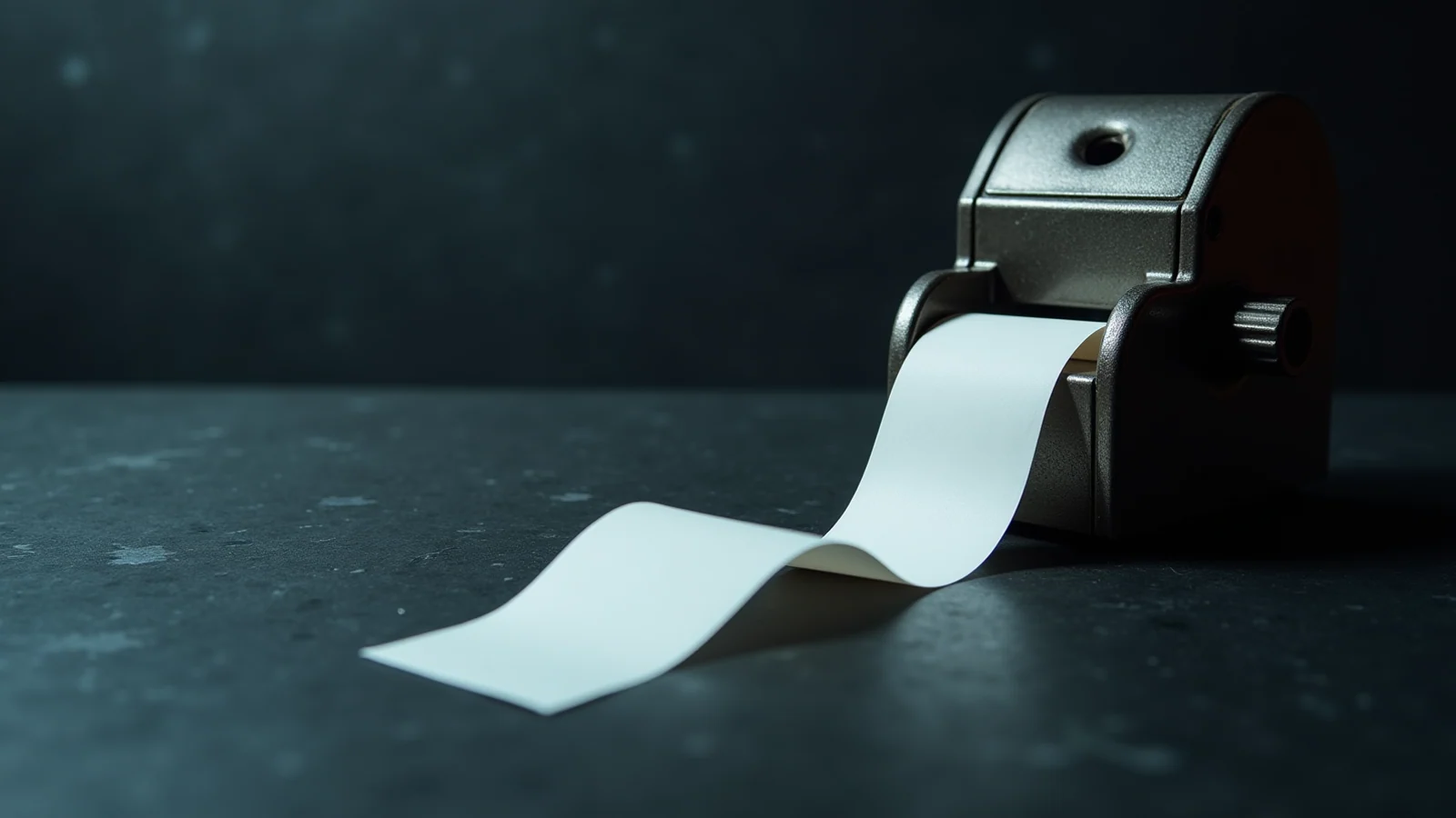 A ribbon of blank ticker tape spilling from a dark steel ticker machine across a slate surface.