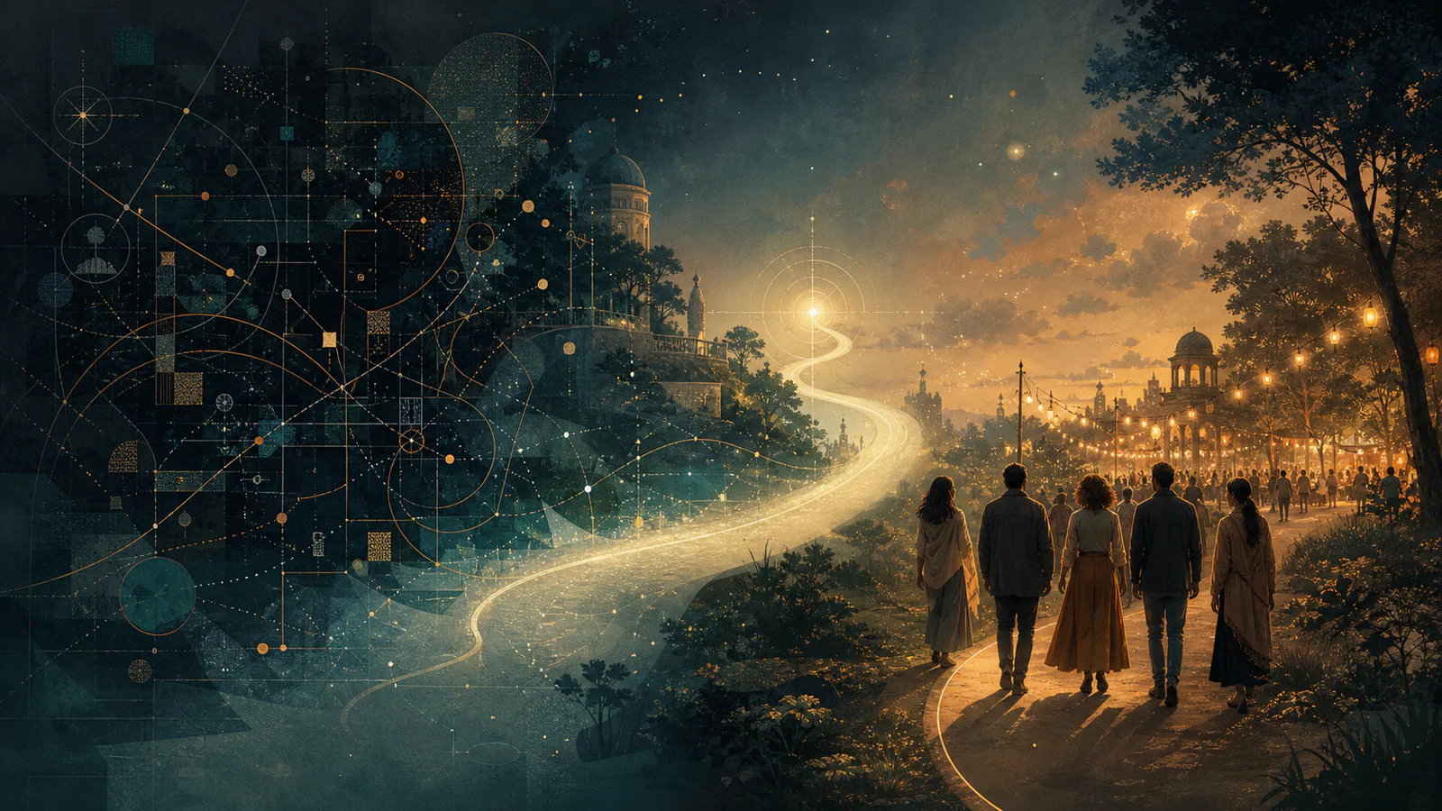 A luminous path carries people from a dense field of signals into a warm, welcoming night festival.