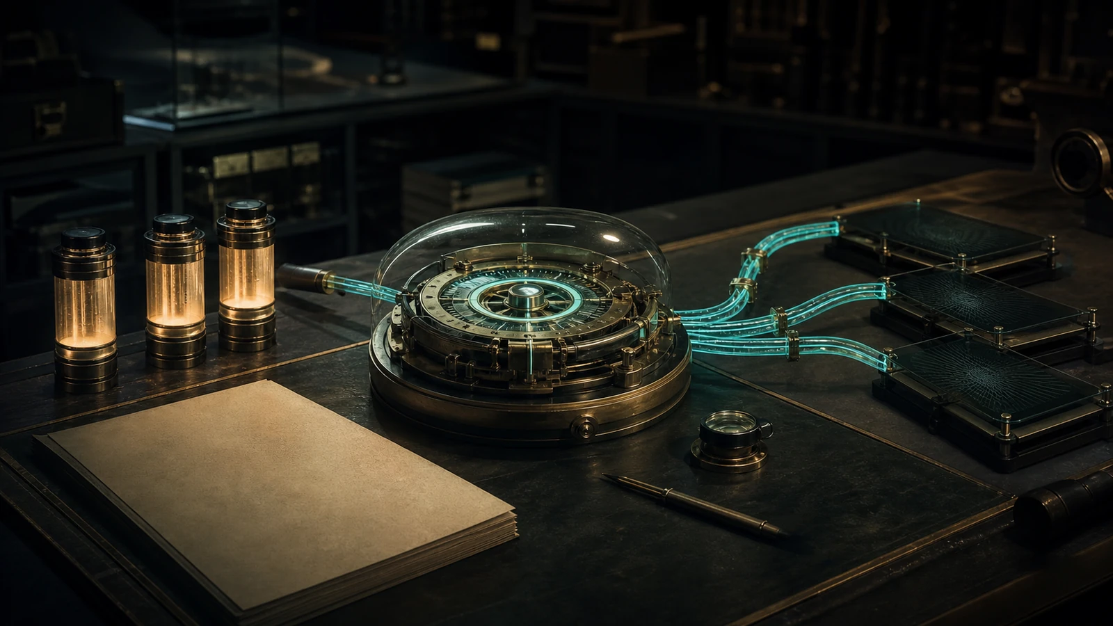 A precision agent engine feeds three parallel teal workstreams while three gold reserve cylinders and an unmarked ledger document sustained operating capacity.