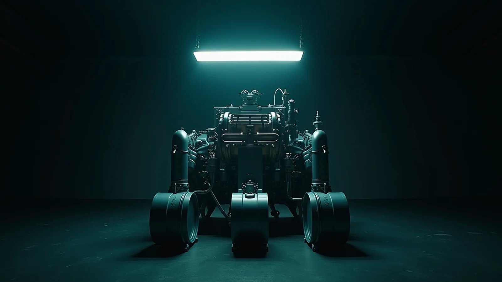 An industrial engine waits under a suspended light in a dark room.