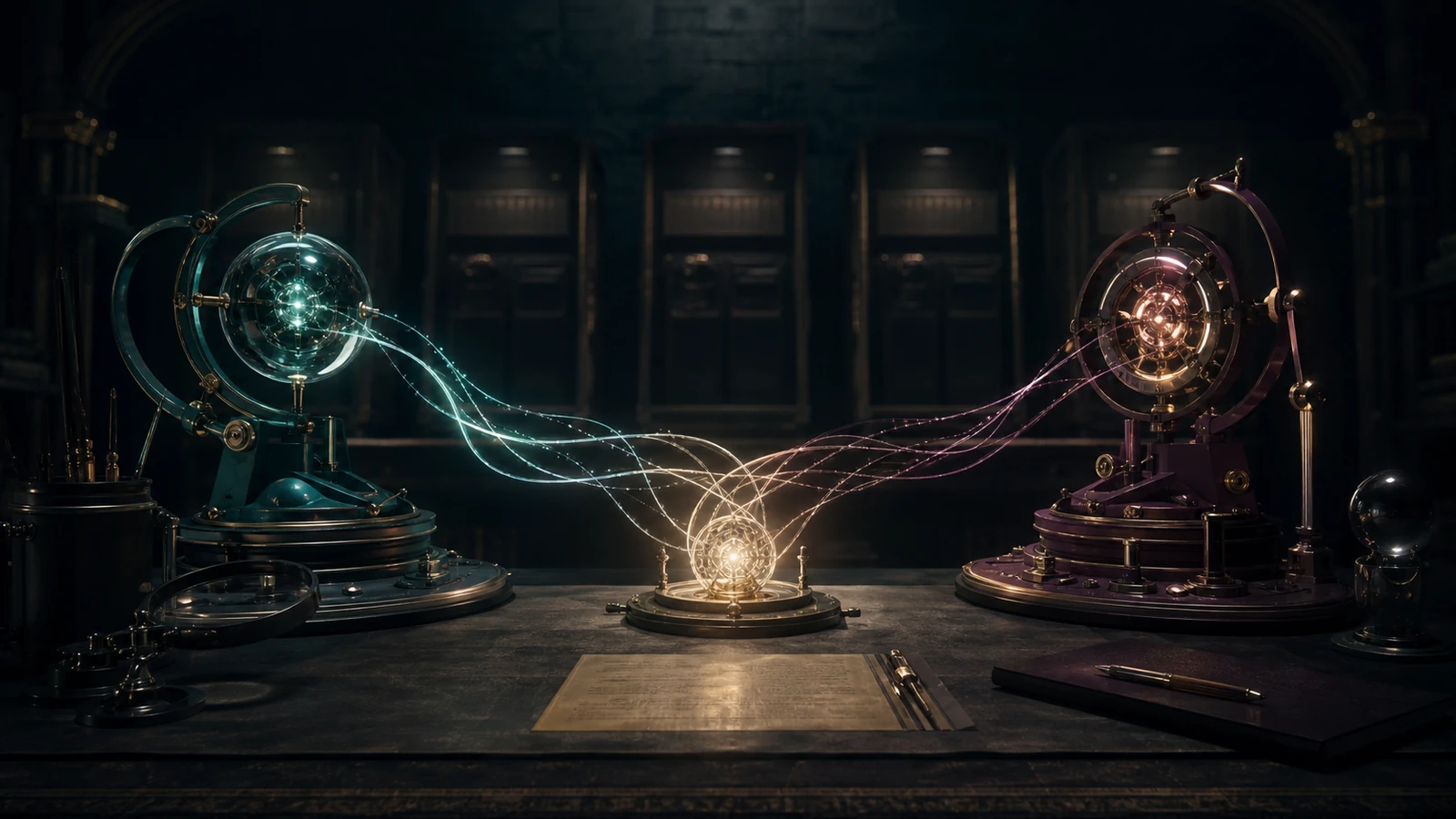 Two equally weighted teal and plum reasoning instruments braid their light into one refined gold result while redundant terminals recede into shadow.