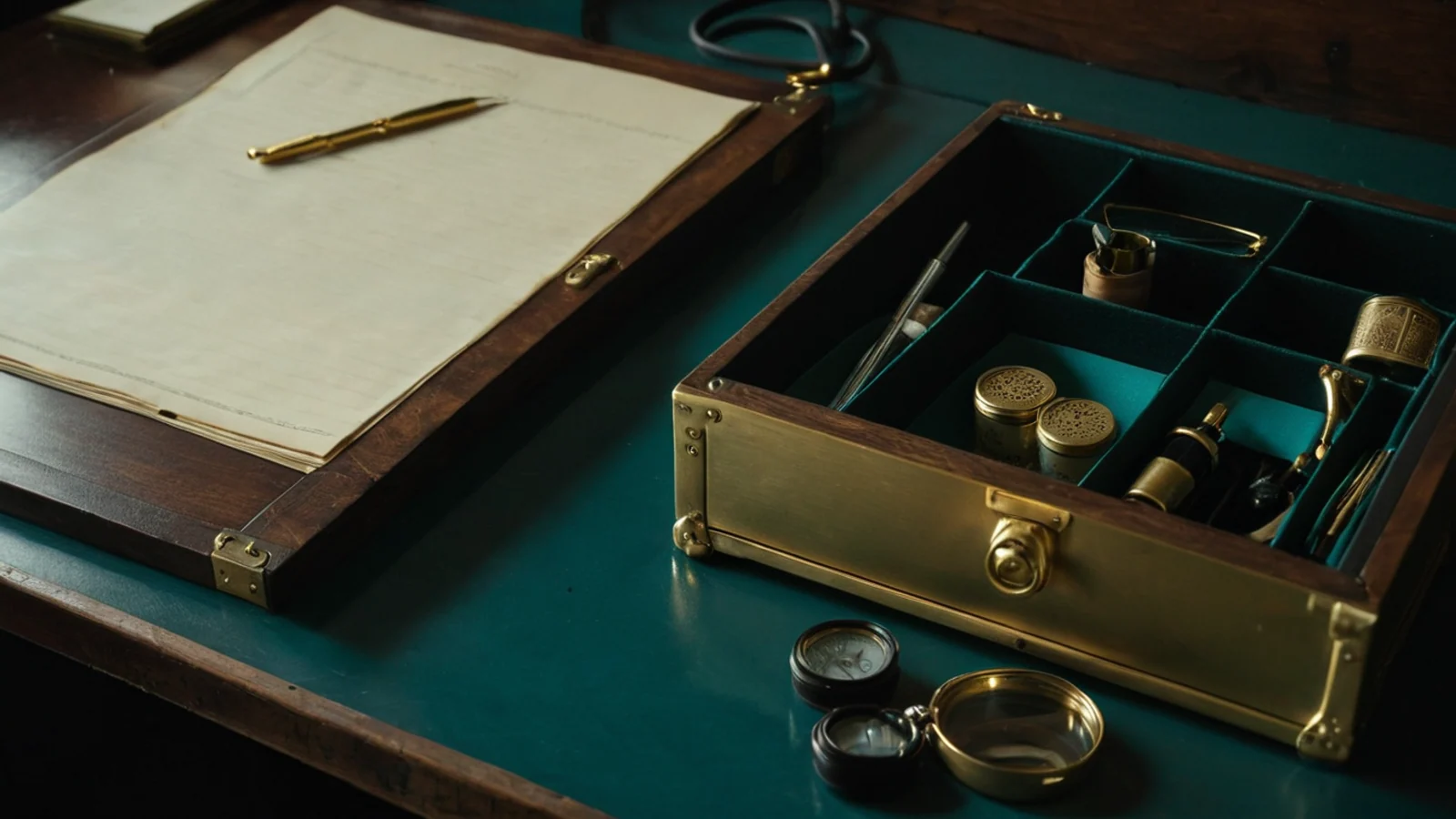 Two separate archive lanes — a teal medical-testing desk and a gold customs-manifest desk — each hold a dated settlement ledger without their contents mixing.