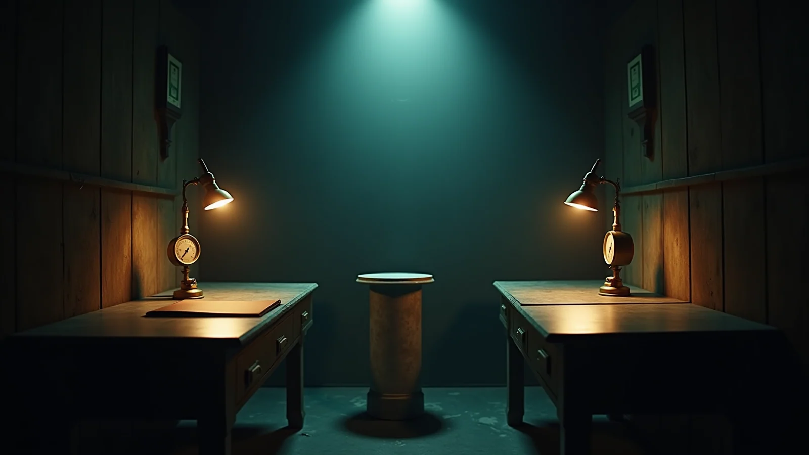Two glowing instrument dials sit on the desks of the labs that built them, each measuring its own machine, while an empty third pedestal waits for an independent gauge.