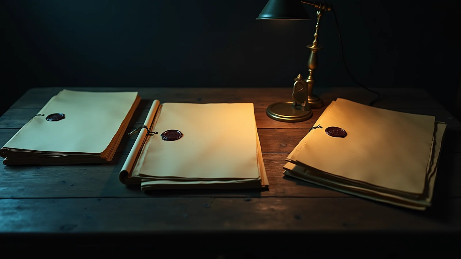 Three separate dated record files rest on one dark archive desk under a single brass lamp, each keeping its own seal and its own lane.