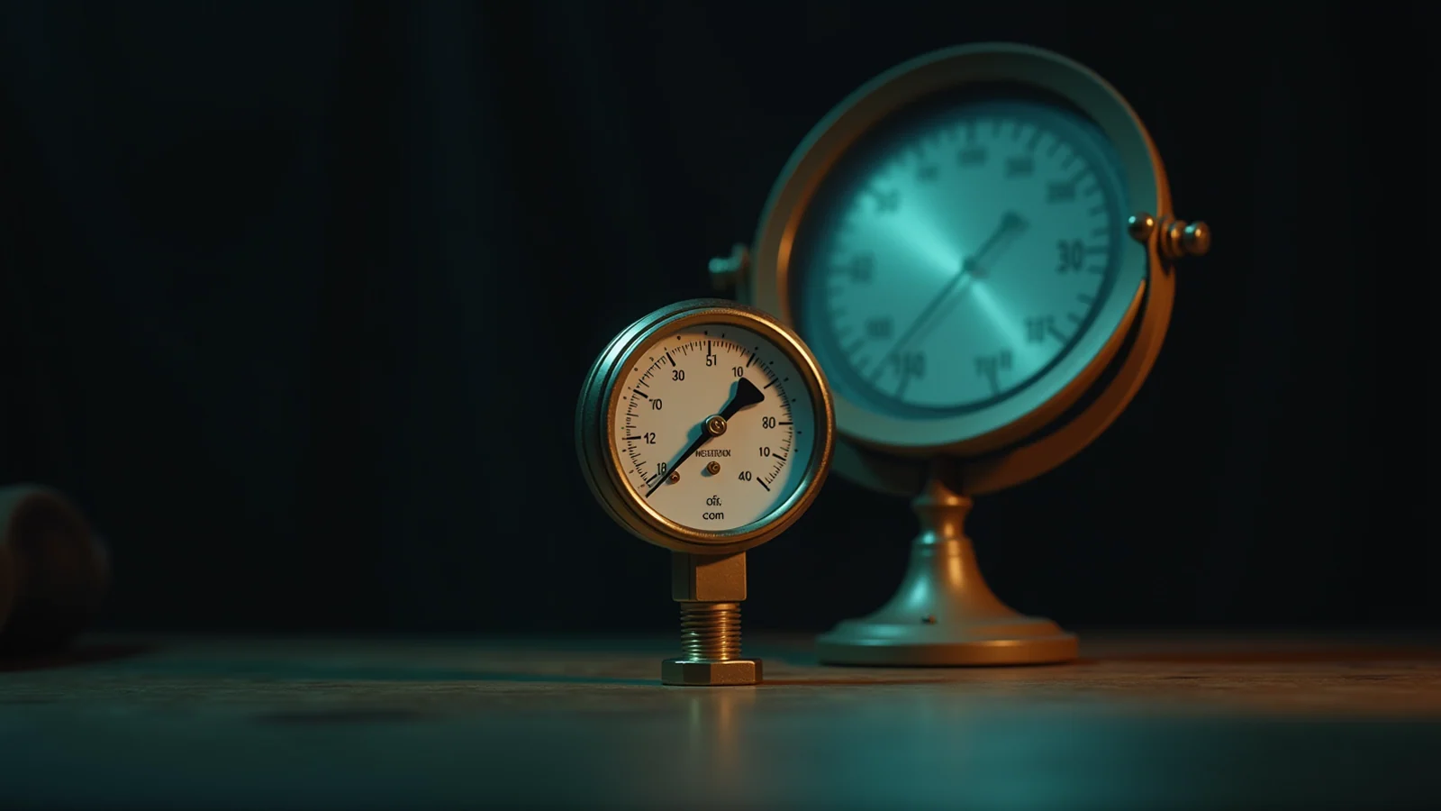 A brass gauge stands before a small round mirror that reflects the gauge back at itself, the instrument measuring its own image on a dark desk.